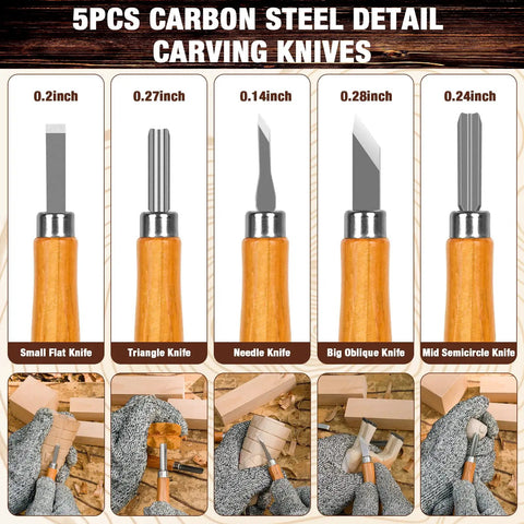 5pcs carbon steel detail knives, part of 23 Piece Wood Carving Set For DIYers With 4 Large Knives 5 Detail Knives 9 Basswood Blocks