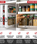Super Darn Handy Pull And Spin Cabinet Caddy Spice Rack Organizer For Kitchen Pantry Organization showing closed and rotated open views with spices.