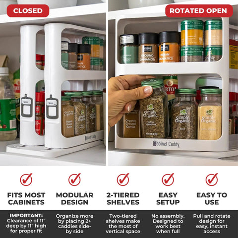 Super Darn Handy Pull And Spin Cabinet Caddy Spice Rack Organizer For Kitchen Pantry Organization showing closed and rotated open views with spices.