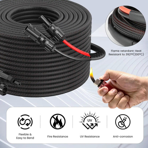 Premium Ten Foot Ten AWG Solar Extension Cable With IP68 Connectors, flame retardant sleeving, tin-plated copper conductors.