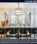 Image showcasing 5 color temperature options for lighting in a dining area with Rock Solid Knockout Brightness 3 Inch Led Recessed Gimbal Spotlights.