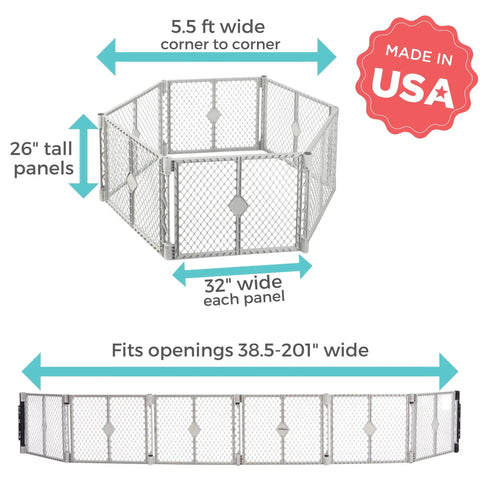 Two In One Superyard Duo Extra Wide Baby Gate And Play Yard Six Panel Portable Playpen shown with dimensions and USA badge