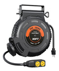Black 30ft retractable cord reel with dual yellow outlets, wall mount, and visible 20A 10AWG specifications