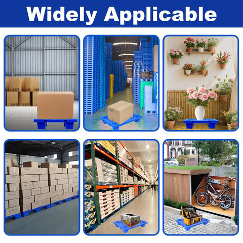Six Pack Blue Plastic Pallets With Hollow Grid Surface For Ventilated Moisture Proof Storage Lightweight Built To Last Polyethylene Nestable And Spliceable Floor Pallets For Indoor Outdoor Garage Or Warehouse Use shown in various storage settings