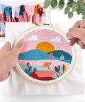 Punch Needle Kit For Adults And Beginners, DIY Landscape Embroidery Set in progress with hoop, yarns, and monk cloth