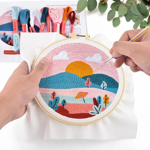 Punch Needle Kit For Adults And Beginners, DIY Landscape Embroidery Set in progress with hoop, yarns, and monk cloth