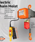 Heavy Duty Electric Chain Hoist With 1100 Lbs Half Ton Capacity And 110 Volt 20 Foot Lift No Sweat Operation For Home Garages includes pendant and wireless remote.