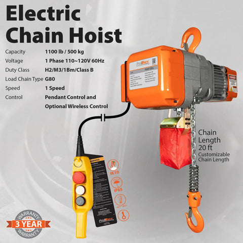 Heavy Duty Electric Chain Hoist With 1100 Lbs Half Ton Capacity And 110 Volt 20 Foot Lift No Sweat Operation For Home Garages includes pendant and wireless remote.