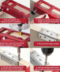 Demonstration of No Sweat Door Hinge Jig And Lock Installation Kit, showing steps for hinge mortising and pilot hole drilling.