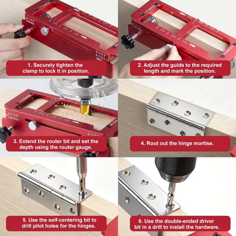 Demonstration of No Sweat Door Hinge Jig And Lock Installation Kit, showing steps for hinge mortising and pilot hole drilling.