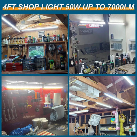 Led Shop Lights 4Ft 50W 6500K 7000LM Clear White Linkable V Shape Shop Lighting illuminating a garage workshop.