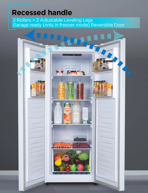 Workhorse 11 Cubic Feet Convertible Freezer And Refrigerator With Quick Temp Switch open showing fresh food storage, white interior and adjustable shelves.
