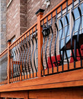 51 Pack 29.5 Inch Matte Black Iron Deck Balusters With Complete Hardware Kit For Exterior Stair Railing And Porch Safety Fences That Look Dope And Install Like A Breeze No Stress At All installed on wooden deck railing.
