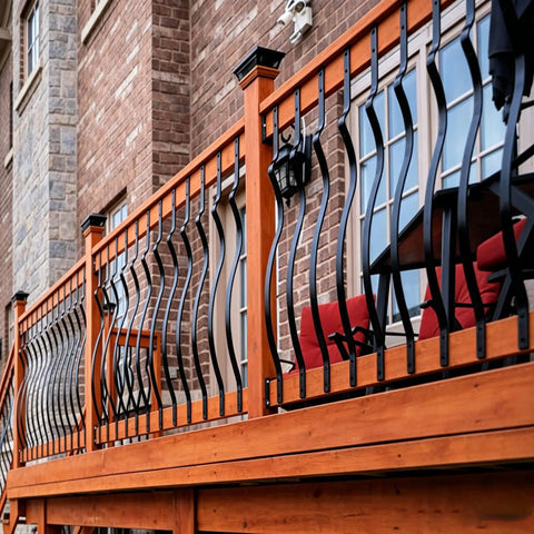 51 Pack 29.5 Inch Matte Black Iron Deck Balusters With Complete Hardware Kit For Exterior Stair Railing And Porch Safety Fences That Look Dope And Install Like A Breeze No Stress At All installed on wooden deck railing.