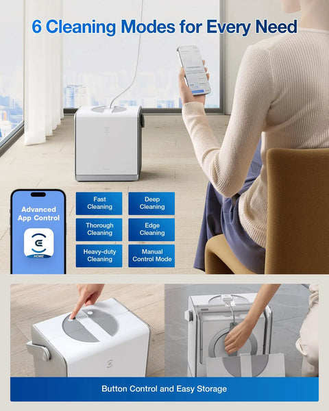 Winbot W2 Pro Omni Window Cleaning Robot With All In One Multi Functional Station showing app and button controls