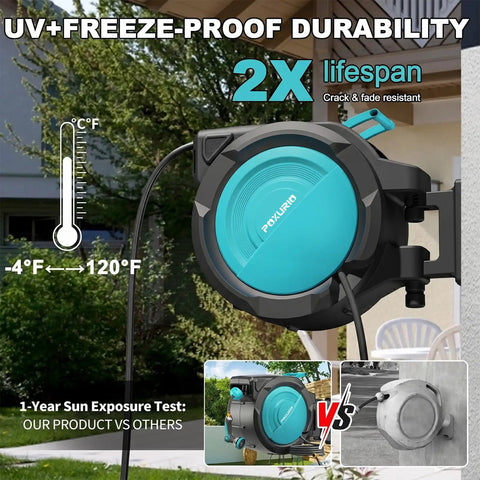 Heavy Duty Kink Free Auto Rewind Garden Hose Reel Half Inch, 160 Feet, Wall Mounted shown with durability features