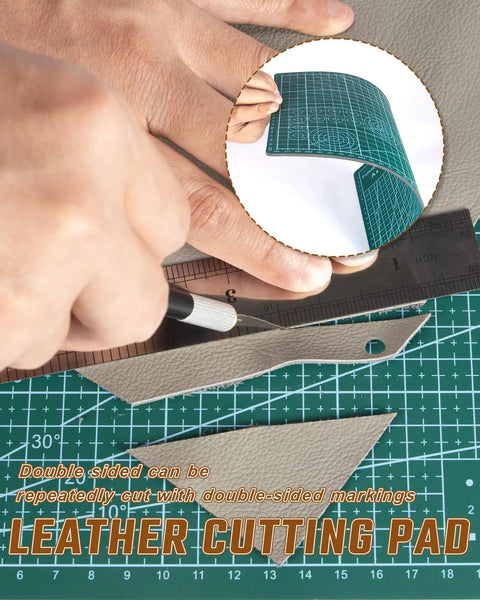 5 Piece Leather Punch Pad Set With A4 A5 Self Healing Cutting Mats showing hands cutting on a mat with a utility knife