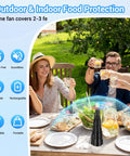 Tabletop Fly Fan Set Keeps Flies At Bay From Your Meals With Rechargeable Bug Fans And Soft Holographic Blades, shown at picnic