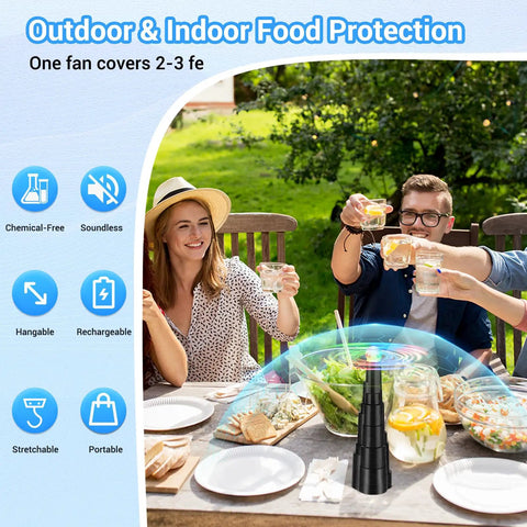 Tabletop Fly Fan Set Keeps Flies At Bay From Your Meals With Rechargeable Bug Fans And Soft Holographic Blades, shown at picnic