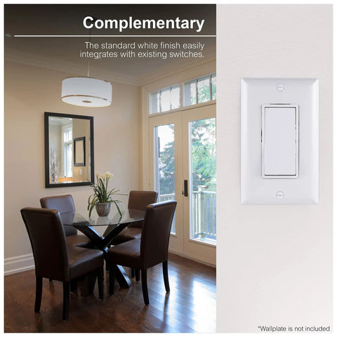 Paddle Rocker Single Pole Light Switch Replacement For Lights And Ceiling Fans On Off Grounding UL Listed White Easy Install Durable Ideal For DIY Repairs And Upgrades installed in dining room.