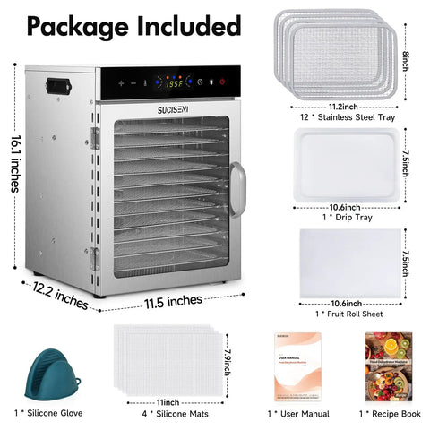 Top Shelf Heavy Duty Food Dehydrator With 12 Sleek Stainless Steel Trays And A Killer 1000W Dual Fan Setup and accessories