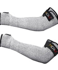 Cut Resistant Arm Sleeves With Thumb Holes Adjustable 18 Inch Grey Protection For Men And Women Ideal For Yard Work Construction Farm Gardening Pruning And Other Sharp Tasks, displayed with velcro straps.