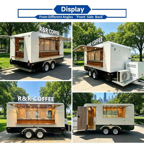 Turnkey Mobile Coffee Trailer For Sale 13 Foot Fully Equipped Commercial Food Truck Ready To Roll And Kickstart Your Street Hustle With Professional Brewing Setup viewed from various angles in a park.