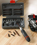 Beefy Half Inch Drive Hex Grip Impact Driver Kit with quarter and five sixteenth inch bit chucks and storage case on workbench.