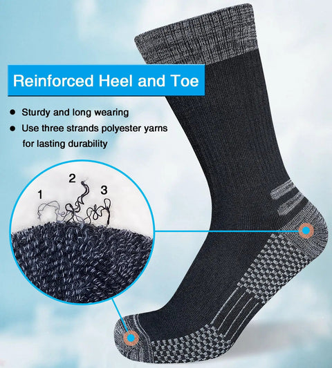 Men's Crew Work Boot Socks With Thick Cushioned Padding For All Day Comfort And Shock Absorption Moisture Wicking Hiking And Work Socks Reinforced Toe And Heel For Durability 4 Pairs with reinforced heel and toe details.