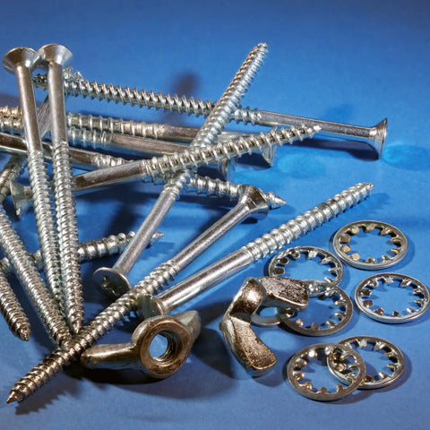 Fifty Piece One Quarter External Tooth Lock Washer Set In 304 Stainless Steel with screws and wing nuts on blue background