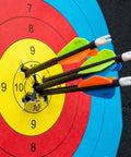 Close-up of High Density EVA 20 Inch Archery Target Set For Backyard Practice with arrows hitting target paper bullseye.