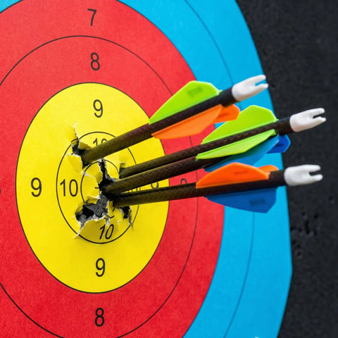 Close-up of High Density EVA 20 Inch Archery Target Set For Backyard Practice with arrows hitting target paper bullseye.