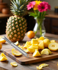 V Shaped Stainless Steel Pineapple Eye Cutter And Remover Tool with sliced pineapple and lemons on a wooden board