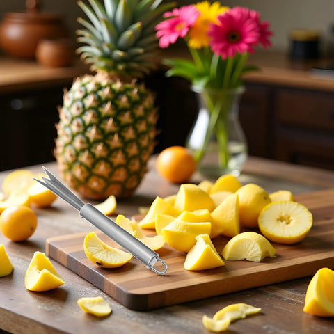 V Shaped Stainless Steel Pineapple Eye Cutter And Remover Tool with sliced pineapple and lemons on a wooden board