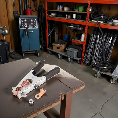 Heavy Duty 500A Welding Ground Clamp with Rubber Sleeve and Insulated Handle on workbench in welding shop