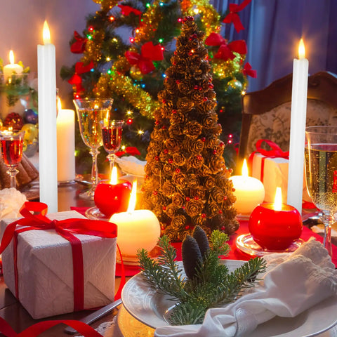 Festive table setting with 36 Piece Flameless Taper Candles Set, 10 Inch Battery Operated LED Tapers With Realistic 3D Wick