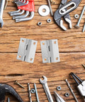 10 Pack Right Angle Cabinet Door Hinges 180 Degree Full Overlay Flat Iron Hinges for furniture on wooden surface with tools