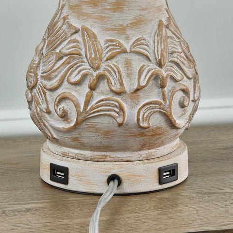Close-up of antique floral base with dual USB ports on the 21 Inch 3 Way Dimmable Touch Table Lamp With Two Usb Ports For Living Room And Bedroom Decor Cozy Classic Rustic Farmhouse Vintage Nightstand Lighting Soft Led Easy Tap Control.