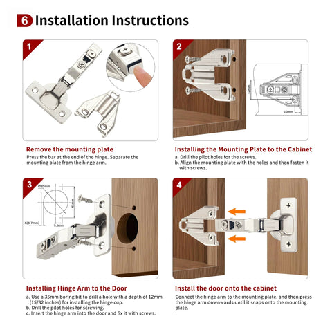 Installation instructions for Full Overlay Face Frame Soft Close Concealed Cabinet Hinges Clip On 105 Degree 3 Way Adjustable