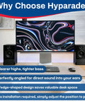 Pair Of Desktop Speaker Stands For Small Monitors With 16 Degree Tilt Wedge Shaped Riser And Shock Absorbing Foam setup