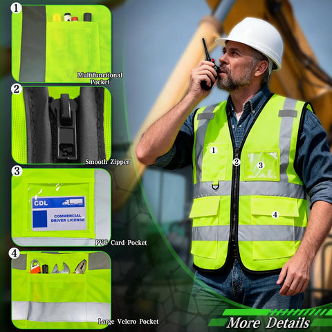 Built Tough Hi Vis Safety Vest For Men With Glowing Reflective Tape Class 2 Approved High Visibility Workgear Boasting Deep Utility Pockets For Builders Road Crews And Warehouse Shifts Five Pack