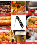 Pro Grade Instant Read Digital Meat Thermometer For Grilling And Cooking, 2-3 Second Temperature Check With 1 Degree Fahrenheit Accuracy, Perfect For Steak, BBQ, Smoking Brisket, Oven, And Slow Cooker. Black digital probe thermometer shown for BBQ, baking, soup, and tea.