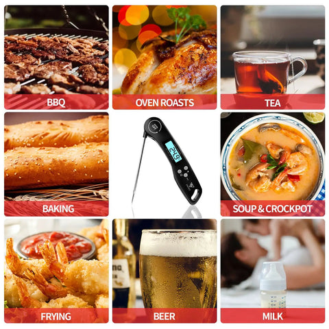 Pro Grade Instant Read Digital Meat Thermometer For Grilling And Cooking, 2-3 Second Temperature Check With 1 Degree Fahrenheit Accuracy, Perfect For Steak, BBQ, Smoking Brisket, Oven, And Slow Cooker. Black digital probe thermometer shown for BBQ, baking, soup, and tea.