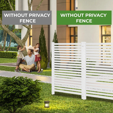 Outdoor Privacy Fence Panels 36 By 45 Inches White Vinyl 2 Pack installed in garden, blocking view and reducing noise.