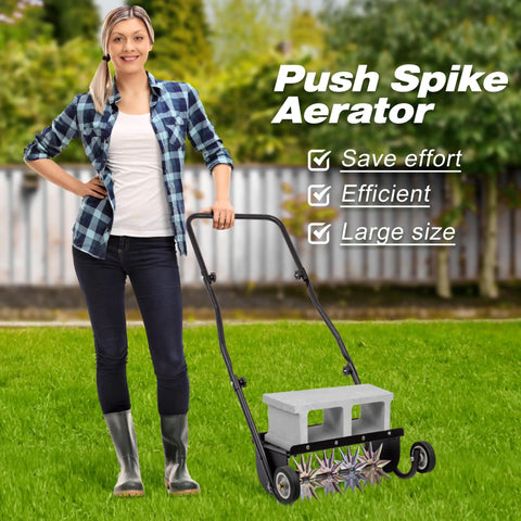 Woman using 18-Inch Push Spike Lawn Aerator With Pro Grade Heavy Duty Rolling Design in garden