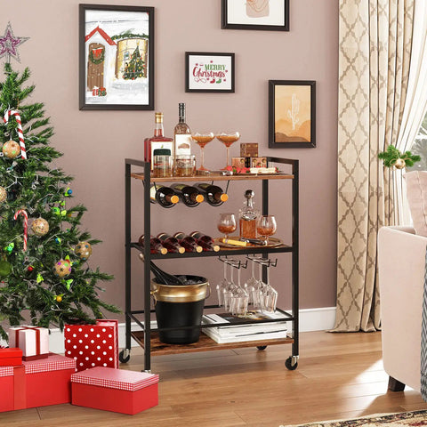 Slick 3 Tier Rolling Bar Cart With Ultra Smooth Swivel Wheels Rustic Brown Finish, holding drinks and wine near a Christmas tree.