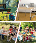 4 Pack Adjustable Table Leg Extenders Heavy Duty Steel Chair Risers Drop The Wobble And Level Up Your Folding Tables With This Beefy Setup That Really Nails It, showcased with outdoor setups including a grill, folding tables, and gatherings.