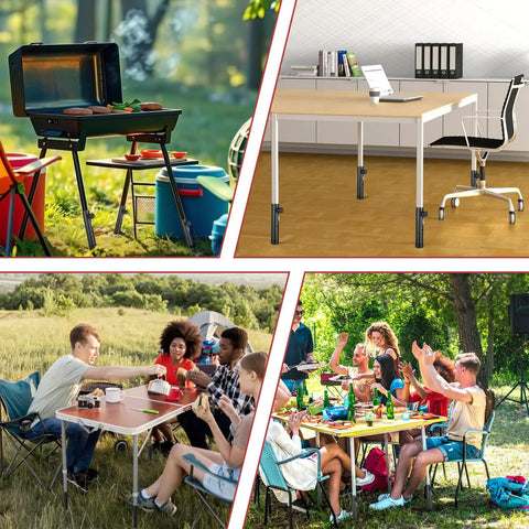 4 Pack Adjustable Table Leg Extenders Heavy Duty Steel Chair Risers Drop The Wobble And Level Up Your Folding Tables With This Beefy Setup That Really Nails It, showcased with outdoor setups including a grill, folding tables, and gatherings.
