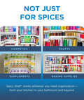 Expandable Two Tiered Spice Rack Organizer For Cabinet And Pantry Storage kitchen seasoning holder displaying cosmetics, crafts, supplements, baking supplies.