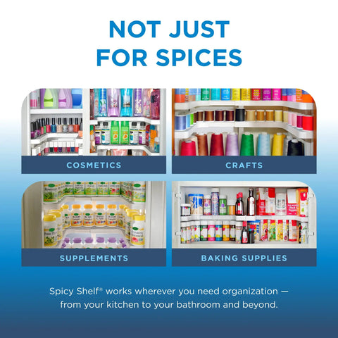 Expandable Two Tiered Spice Rack Organizer For Cabinet And Pantry Storage kitchen seasoning holder displaying cosmetics, crafts, supplements, baking supplies.